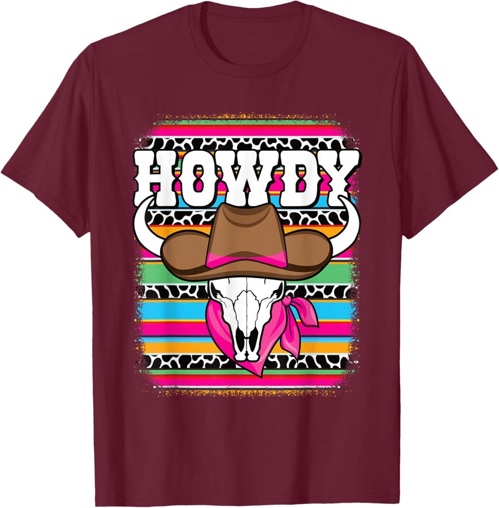 Howdy Cow Skull Western Rodeo Graphic Tee Breathable Short Sleeve Casual T-Shirt for Women