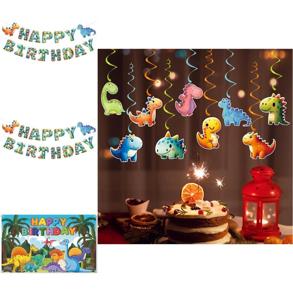 Kit Decorazioni Festa a Tema Dinosauri con Striscione e Decorazioni a Spirale per Festa di Compleanno dei Bambini