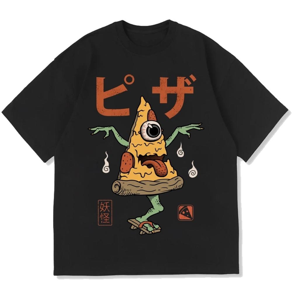 Japanische Pizza Yokai Monster Aufdruck Baumwolle Lässig Herren T-Shirt Sommerurlaub Kurzarm Rundhals Kleidung