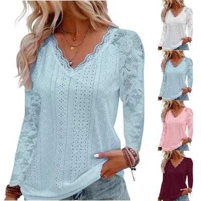 Women's Casual V,neck Lace Patchwork Cutout Blouse Top