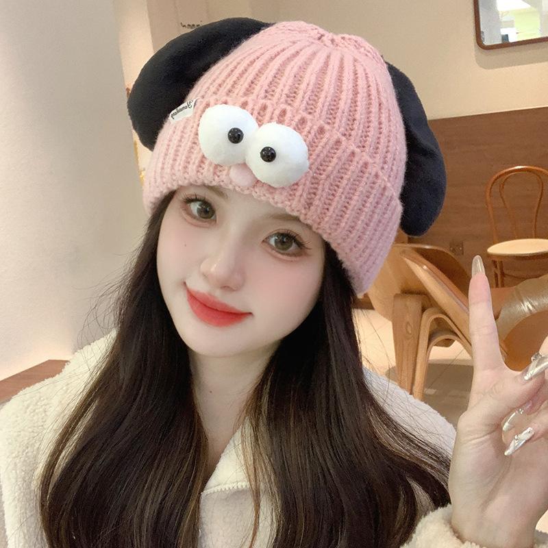 Autumn and Winter New Cute Puppy Wool Hat Women's Decoration Big Eyes Ear Protection Knitted Hat Warm Cold Hat
