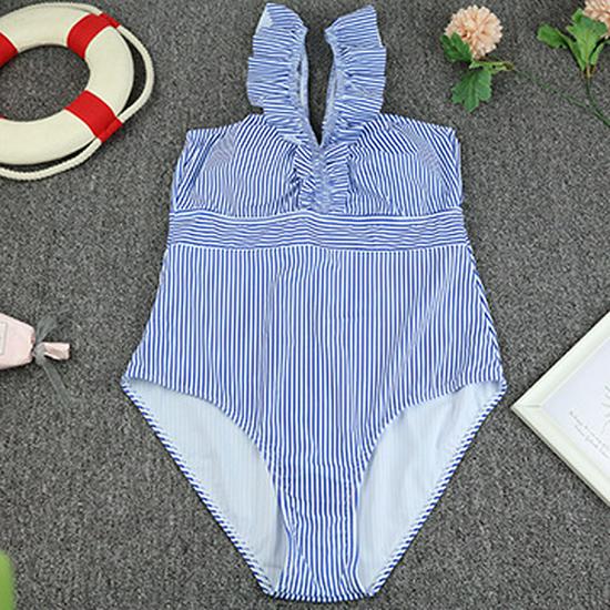 Ruffled Stripe Fresh Style Women's One-Piece Swimsuit