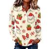 Women's Casual Christmas Print Long Sleeve Button Front Blouse with Lapel Collar and Side Slits