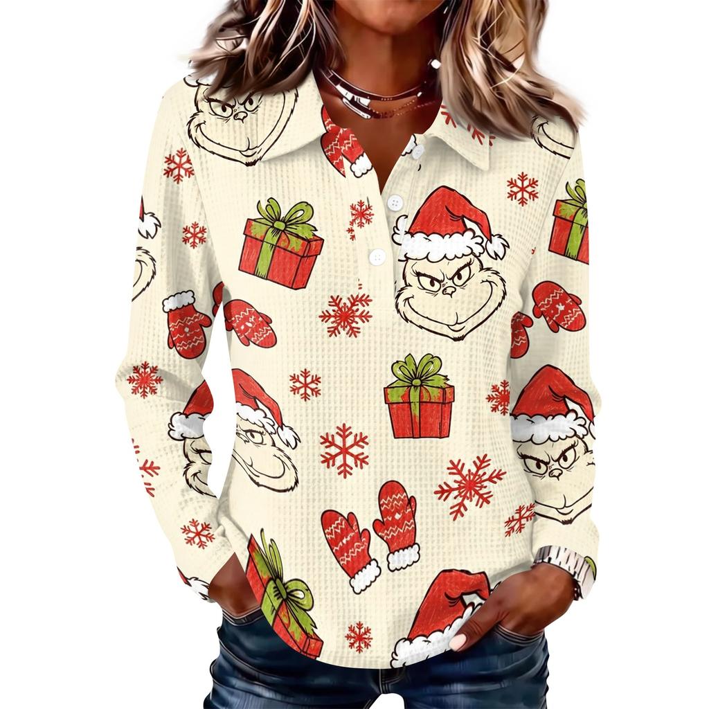 Women's Casual Christmas Print Long Sleeve Button Front Blouse with Lapel Collar and Side Slits