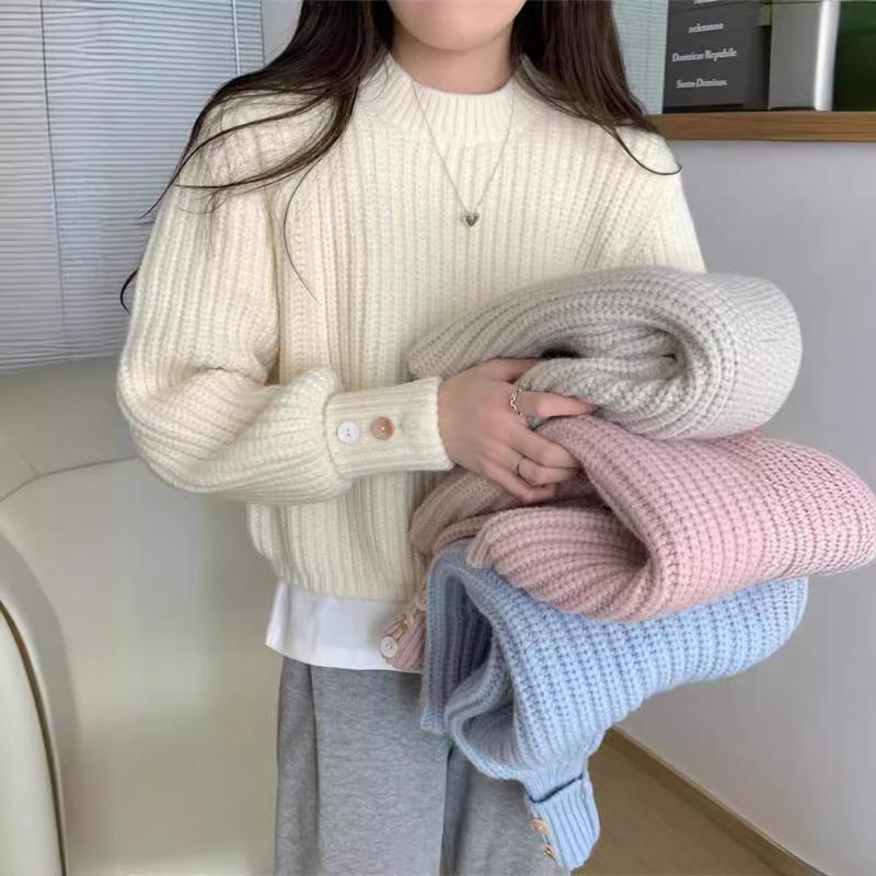 New autumn and winter solid color thickened lantern sleeve pullover sweater women's design sense fashion inside knitted sweater tide