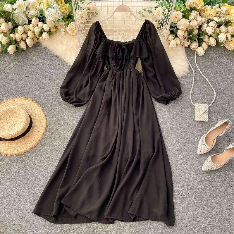 Vintage Quadrat Kragen Langes Kleid Frau Elastische Taille Abend Party Kleider Mode Puff Sleeve Chiffon Kleid Frauen Kleidung 20223
