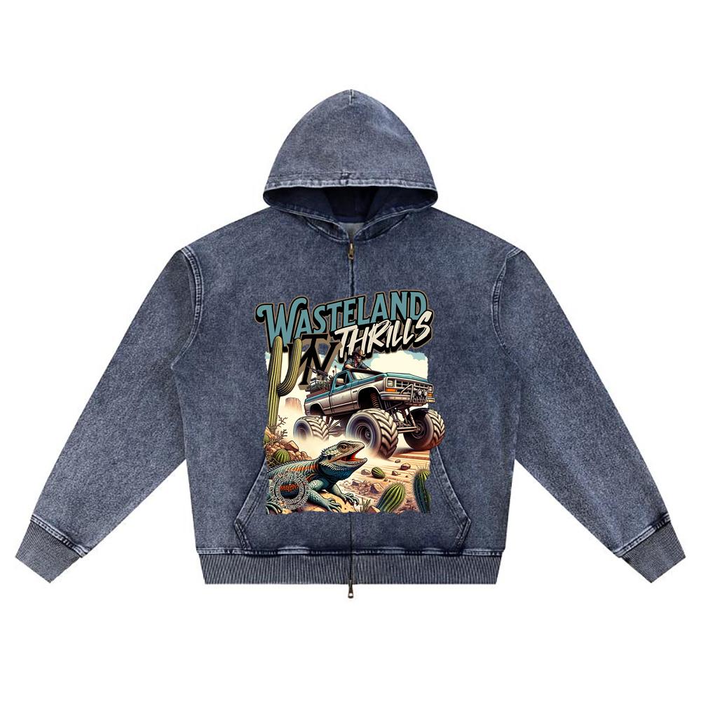 

DTG print Knitted Denim Zip-Up Hoodie Wasteland Thrills Brother Print Zipper Hoodies XL темно-синий