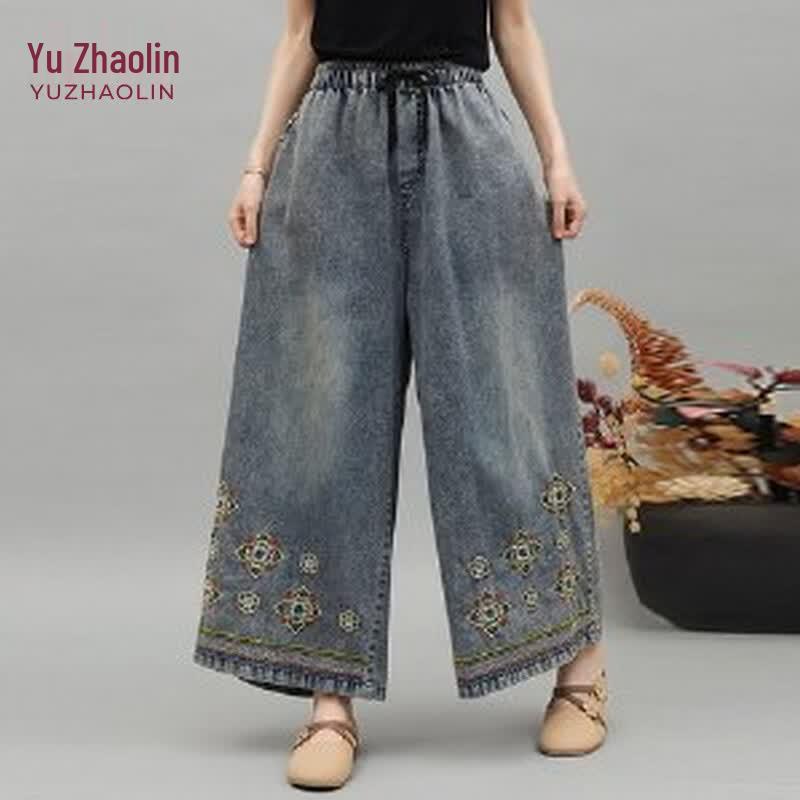 YUZHAOLIN Women s Embroidered Loose Wide-Leg Jeans L