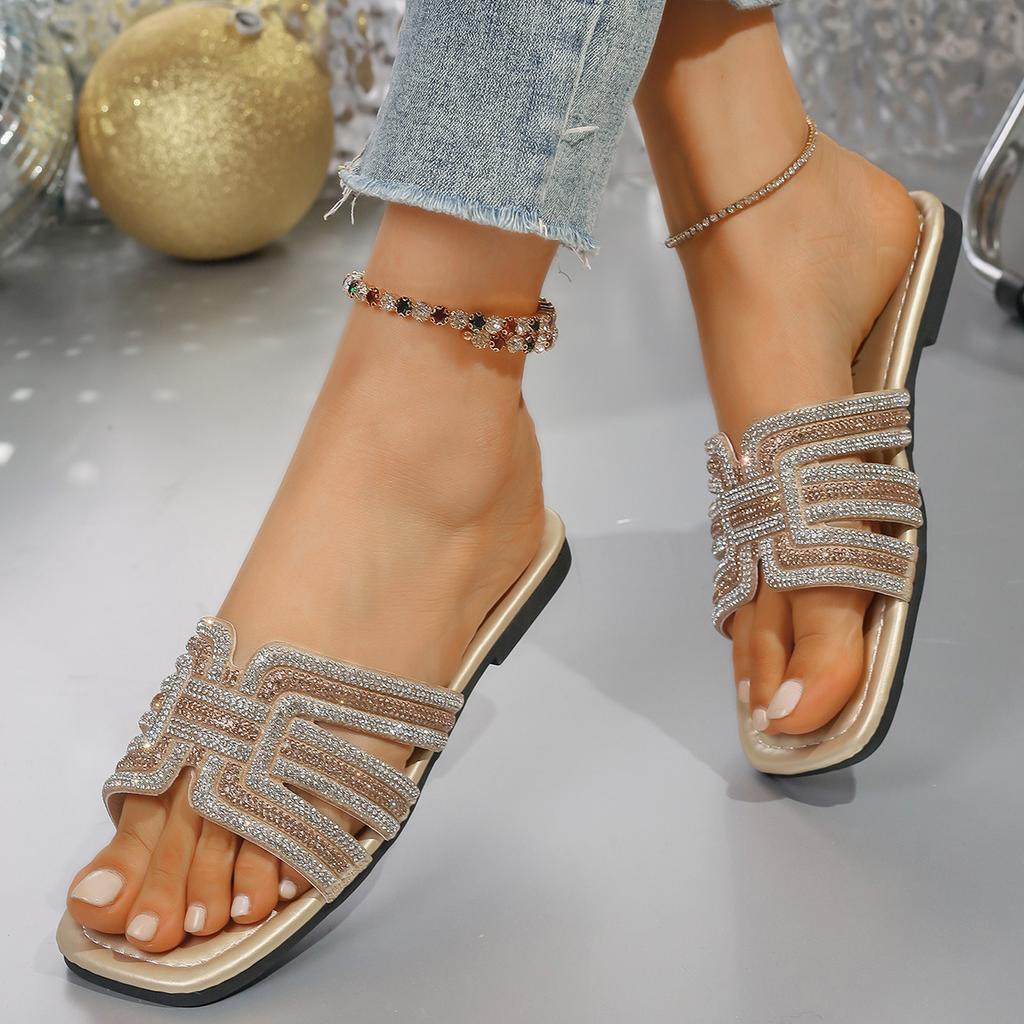 Large Size Flat-bottomed Cool Slippers Women's 2025 Summer New European and American Color Matching Rhinestone Square Head Casual One-word Slippers