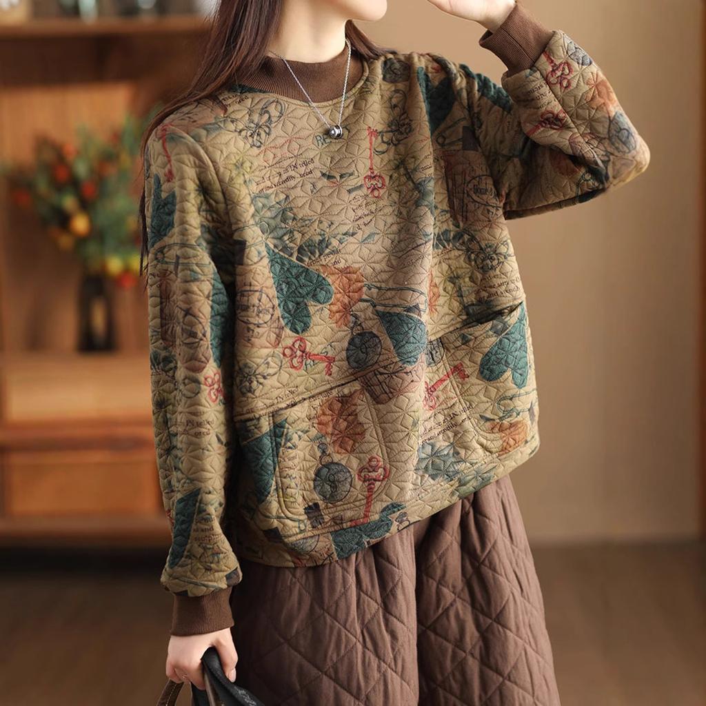 Vintage Tryck Bomull Linne Dam Sweatshirt Mode Patchwork Förtjockad Lös Fickor Litterär Elegant Enkel Mysig Dam Pullover