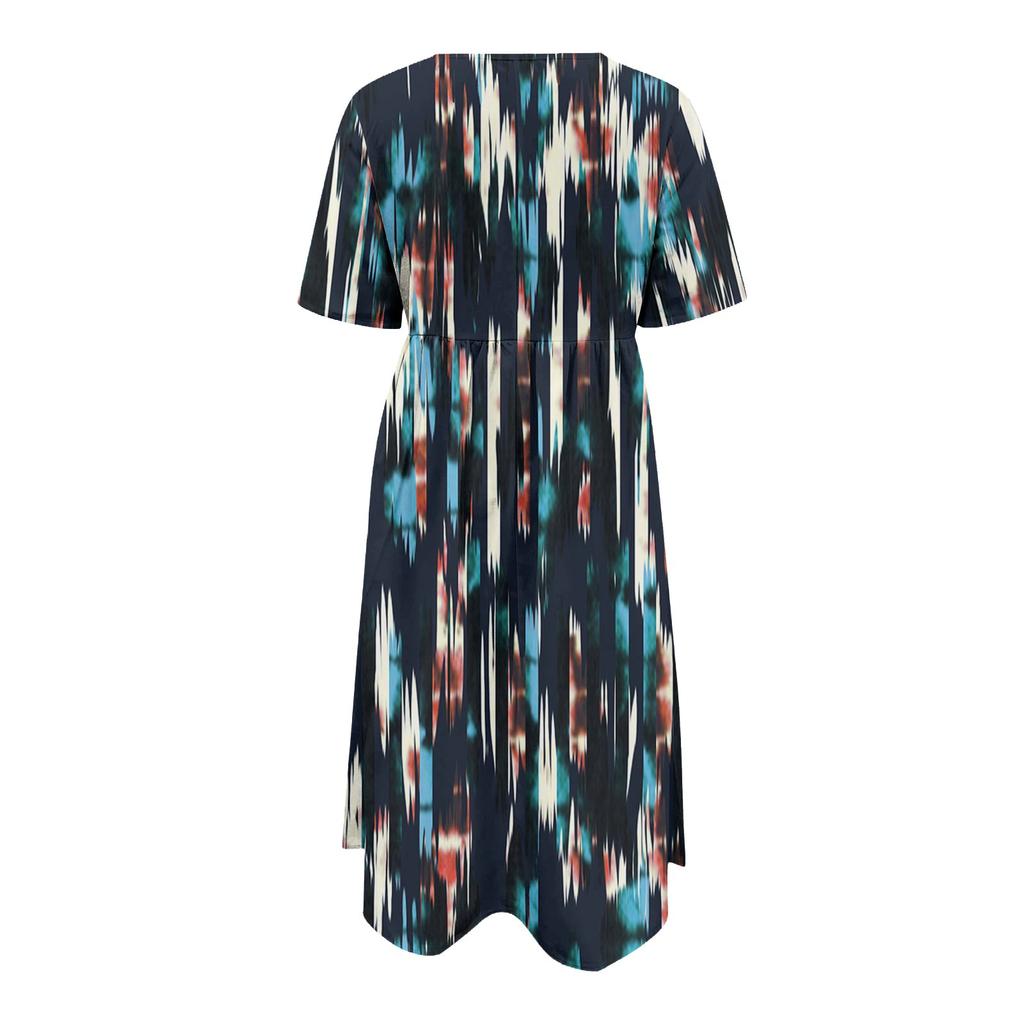 Damen-Freizeitkleider, bedruckte Kleider, Sommerkleider, bedruckt, plissiert, Rundhals-Midi-Kleider, Basic, klassisch, Outdoor, täglich, kurzärmelig, lockere Kleider