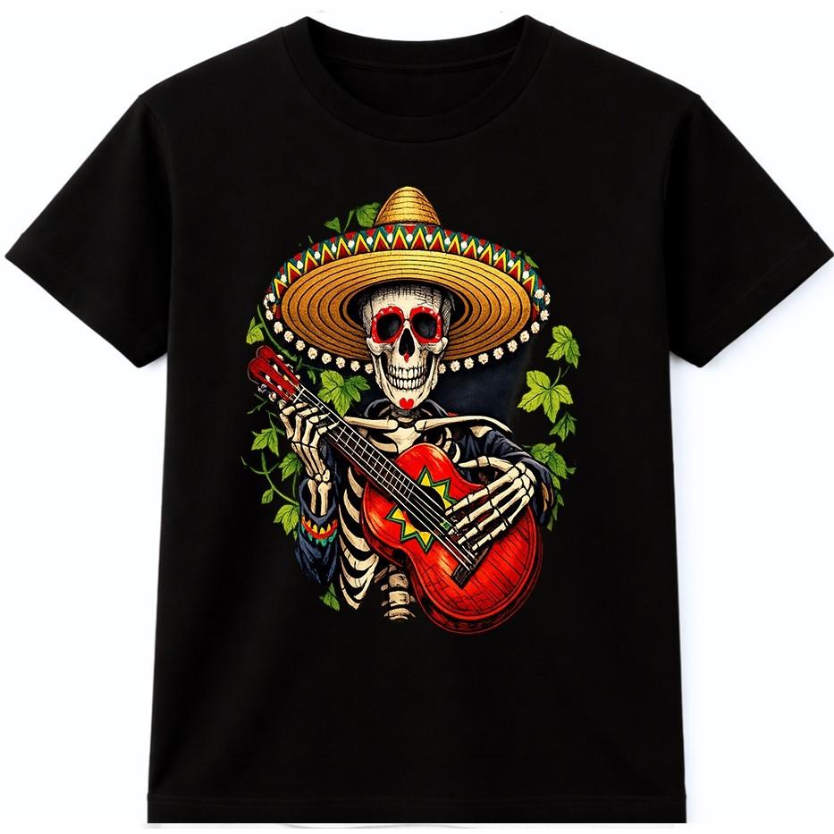 Day Of The Dead T-Shirt Skull Guitar Graphic Tee Mexican Sugar Skull Gift Top