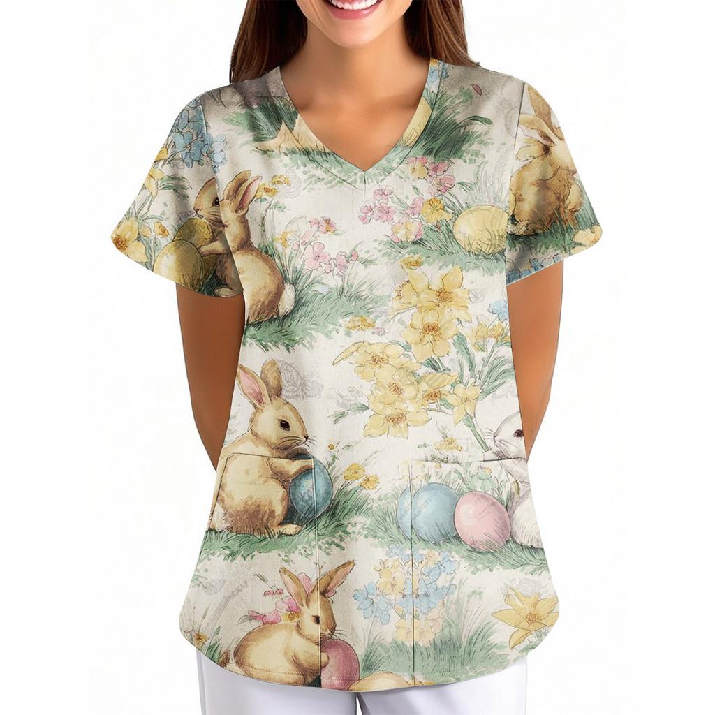 Dámské velikonoční potisk volný V-výstřih kapsa krátký rukáv Ošetřovatel/ Uniforma