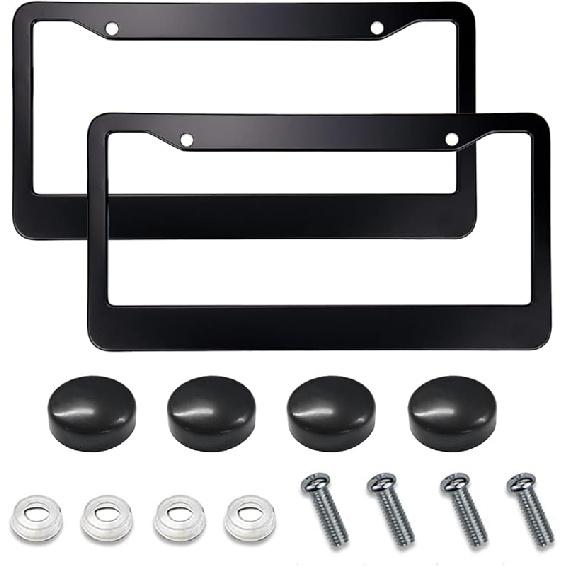 2PCS Matte Black License Plate Frames, Stainless Steel Tag Frame, Car License Plate Protector Holder with Screws Fasteners Caps, Universal Front &