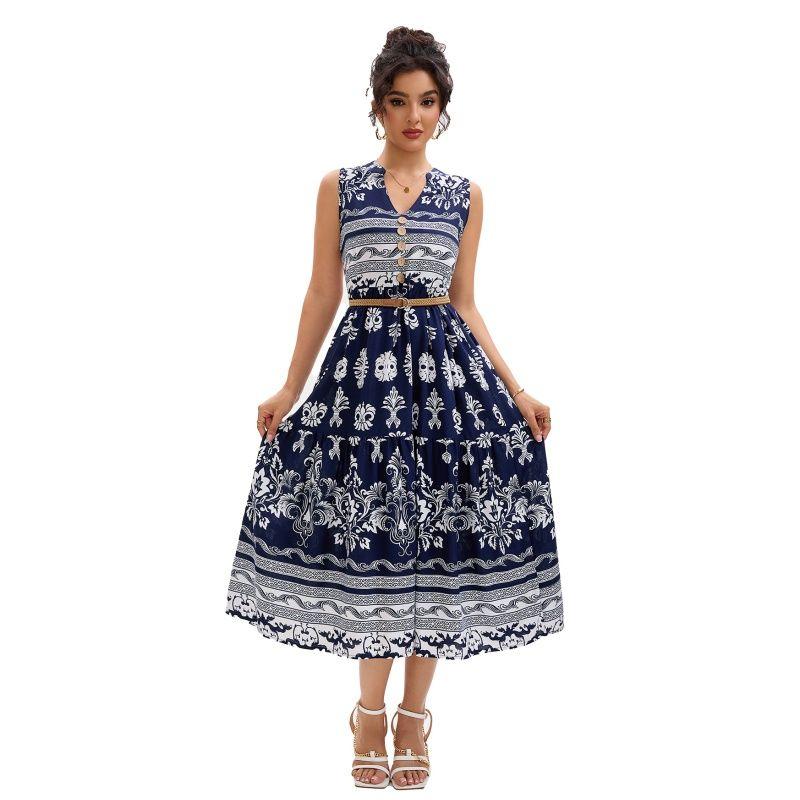 

Print Bohemian V-neck Sleeveless Loose Women Dress Woman Dress Navy XL
