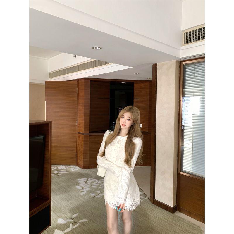 

Kumikumi High-Grade Sense Lace Stitching Long sleeve Shirts Women Autumn High Waist Slimming Skirt Two piece skirt Lace Suit L