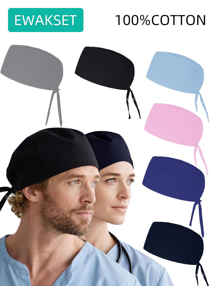 New Solid Color Scrub Cap Adjustable Surgical Hat Breathable Cotton Working Cap for Nurses Doctors Dentists