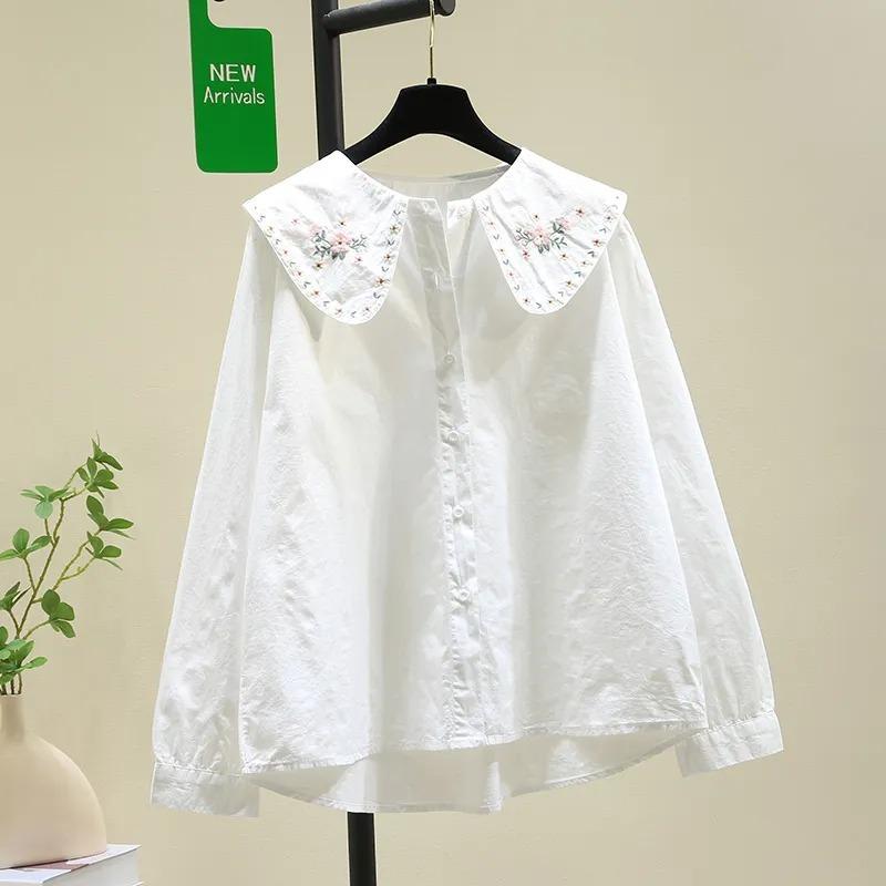 Women s Peter Pan Collar Blouse Floral Embroidered Oversized Cotton Shirt S белый