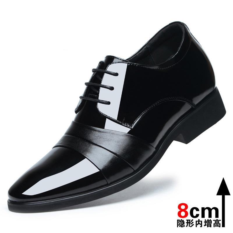 Business dress pointed men's leather shoes genuine leather British inner height-increasing paint bright leather Korean version trendy shoes casual men