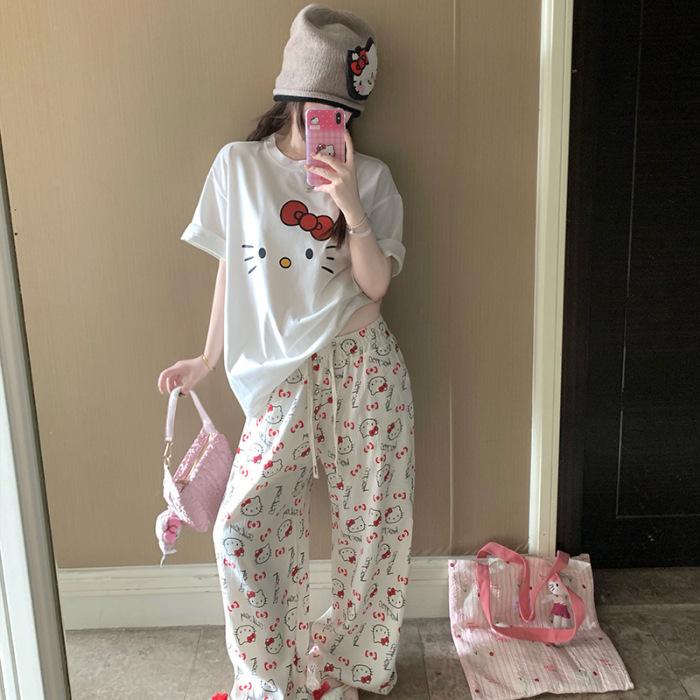

Cute Hellokitty pajamas women s summer cotton short-sleeved trousers cartoon student girl loungewear two-piece set M