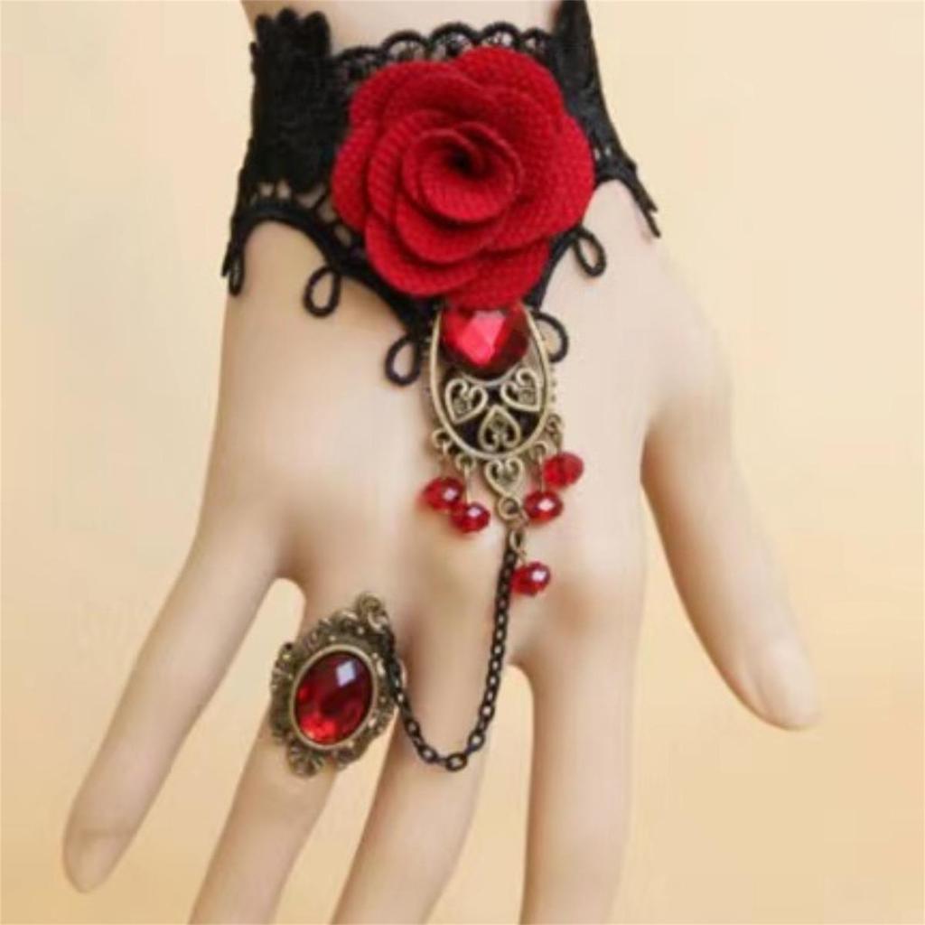 Gotisches Schwarzes Spitzenarmband und Ring Set Vintage Viktorianisches Punk Schmuck für Damen