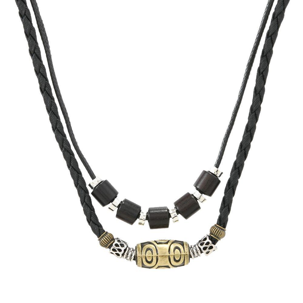 Retro Punk Style Men's Wax Rope Pendant Necklace & Beaded Bracelet Set