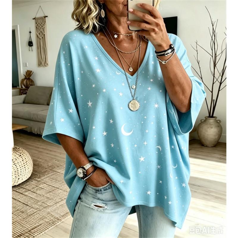 Übergrößen Damen V-Ausschnitt Fledermausärmel T-Shirt Bohemian Ethnischer Druck Lockerer Oberteil Sommer Bequem Atmungsaktiv Tägliches Pendeln Lässig Schlankmachender Stil