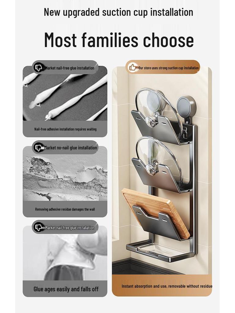 Wall-Mounted No-Drill Suction Cup Kitchen Rack for Pot Lids & Cutting Boards