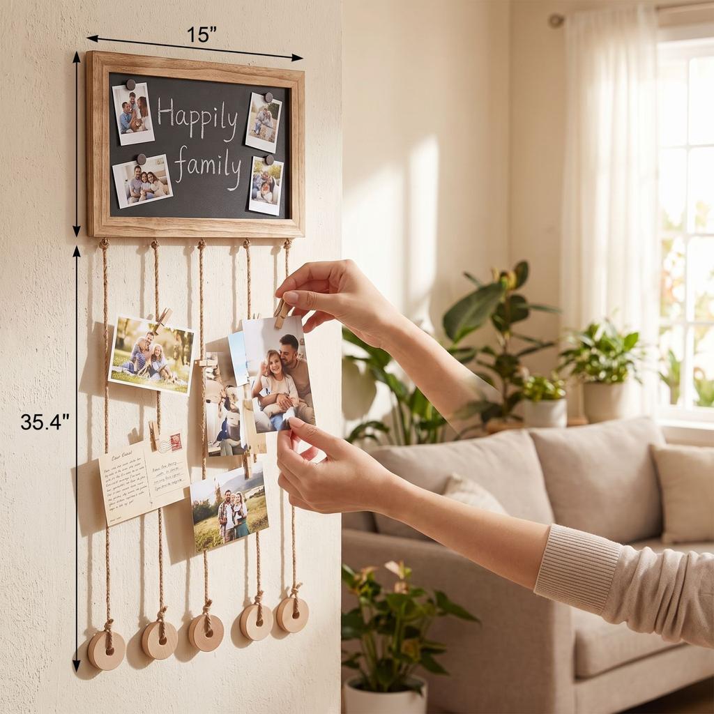 Wooden Wall Photo Clip with Decorative Hanging Sign for Photos and Postcards, Rustic Wood Holder for Home Wall Decor