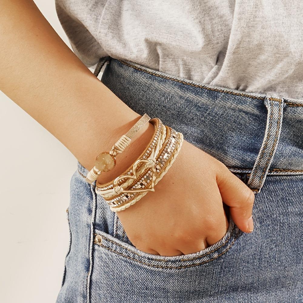 1pc Boho Chic Multilayer Faux Leather Wrap Bracelet with Handmade Braiding, Vintage Style, Big Golden Heart Charm