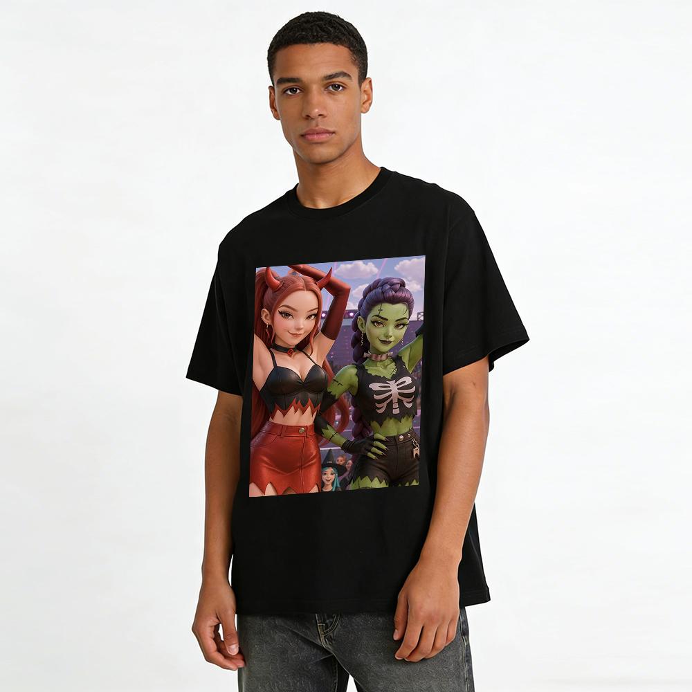 Halloween Dark Style Anime Character Print Top Trendy Sweet Cool Demon Frankenstein Theme Casual T-Shirt Pure cotton T-shirt