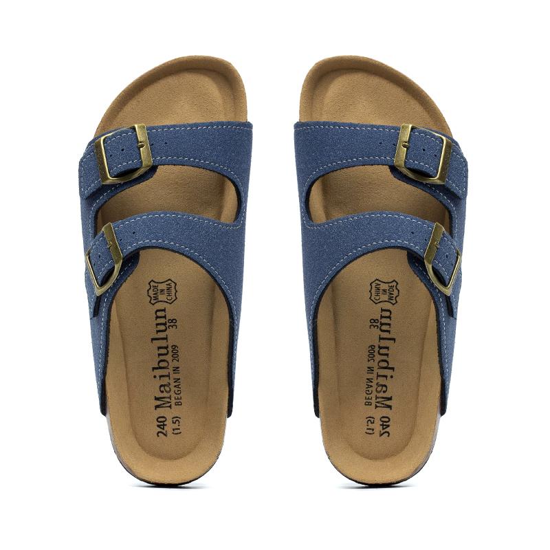 Fashion 2025 New Summer Men's Cork Slippers Suede Leather Mule Clogs Slippers Man Soft Cork Two Buckle Beach Slides Footwear for Men 45