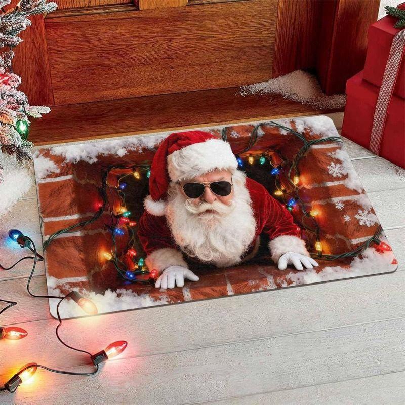 Santa Claus Chimney Doormat Funny Visual Illusion Decorative Floor Mat for Front Door Entryway Indoor Outdoor Holiday Decor