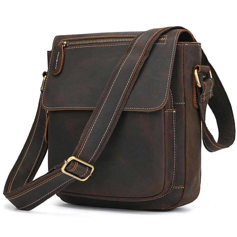 Men'S Shoulder Bag Retro Mad Horse Leather Small Men'S Bag Trendy Genuine Leather Mail Carrier Square Bag Handbag