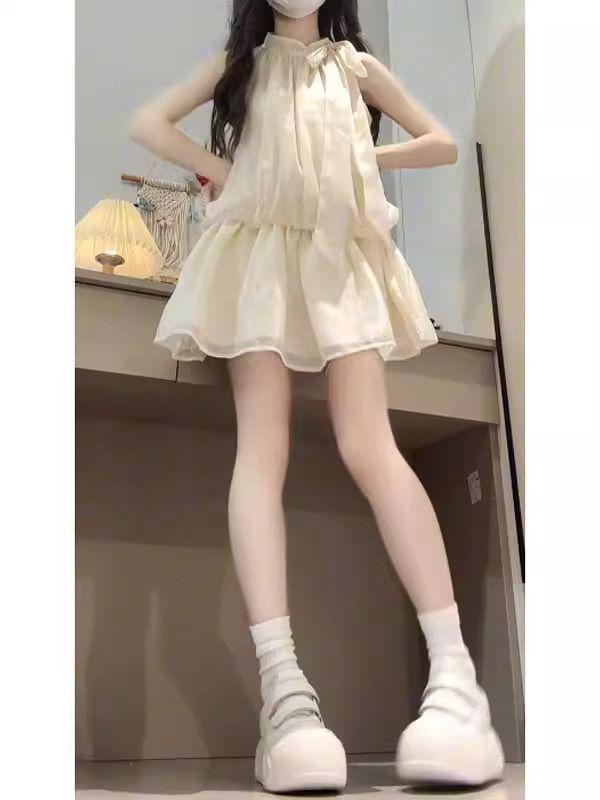 French apricot sleeveless neck sling dress children's summer new vacation small waist skirt