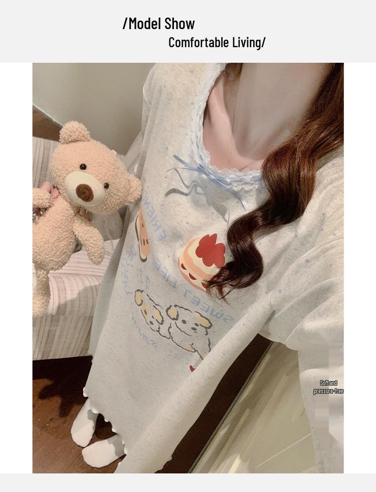 Spring & Autumn Maternity Slimming Long Sleeve Round Neck Princess Nightdress with Breast Pads, Wearable Outdoors