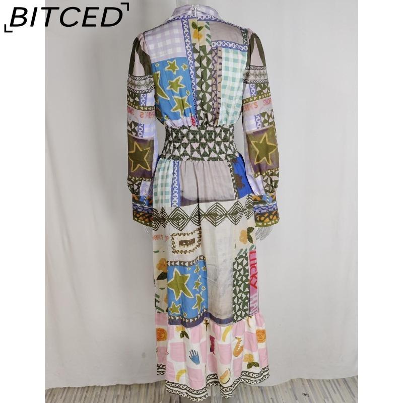 BITCED Women's Spring Elegant Commuter Print Lantern Sleeve Waist-cinched Full-skirted Dress