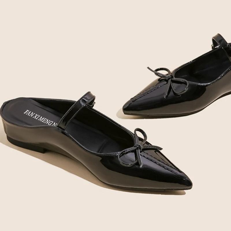 Fashion Fashion Pointed Toe Bow Flat Sandals Women High Quality Patent Leather Low Heel Slippers Summer Elegant Dress Zapatos De Mujer