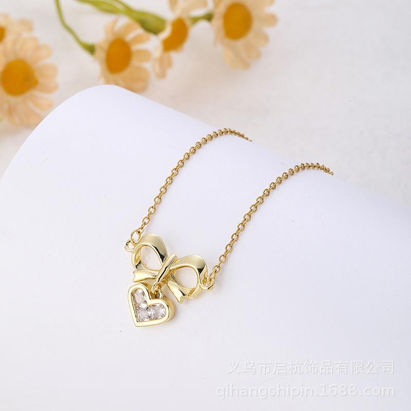 Design Love Bow Necklace Women'S Light Luxury Simple Versatile Zircon Heart Pendant Clavicle Chain