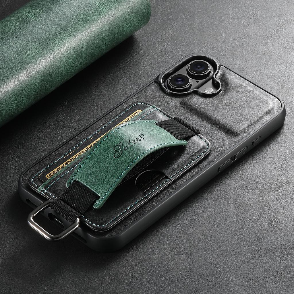 SUTENI H13 For iPhone 16 Case Card Holder Wristband Waxy Texture Leather+TPU+PC Cover