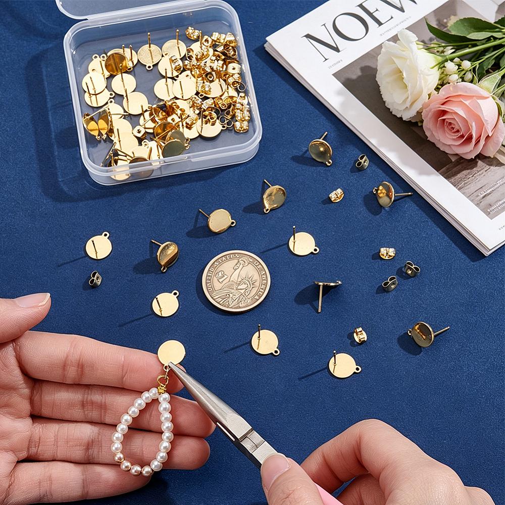 304 Stainless Steel Stud Earring Findings, with Loop and Ear Nuts, Flat Round, Golden, 13x10.5x0.8mm, Hole: 1.2mm, Pin: 0.8mm, 50pcs/box