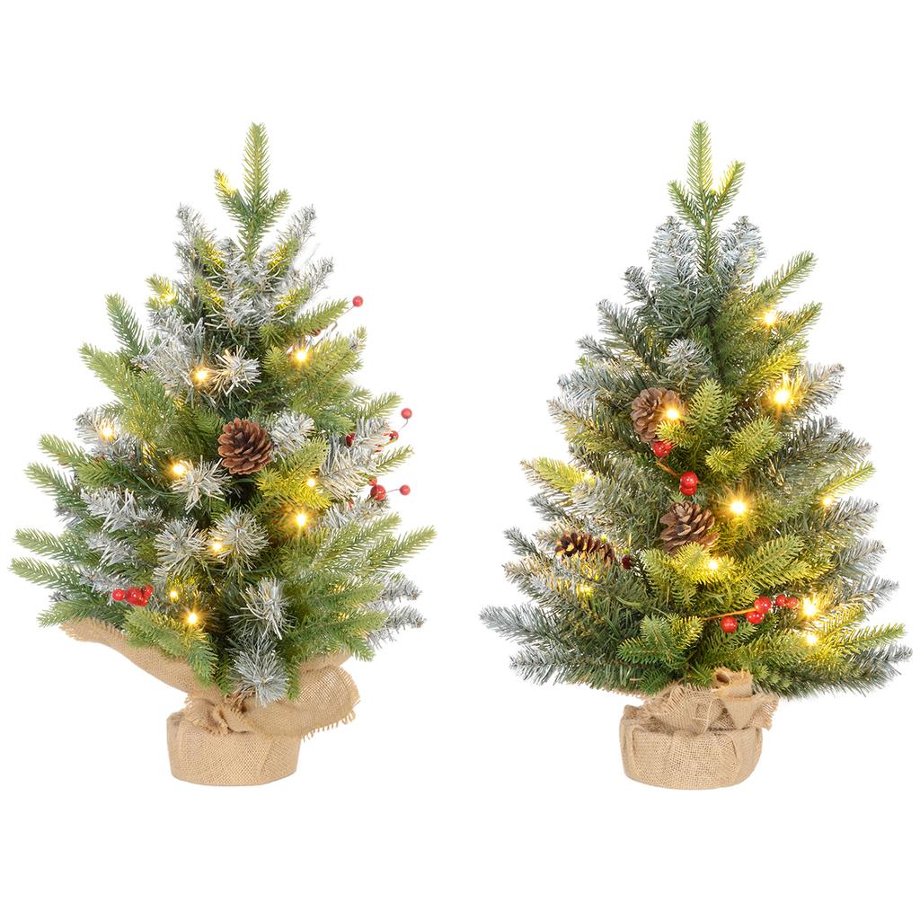 Set of Two 2ft Christmas Trees, with Lights, Berries and Pinecones