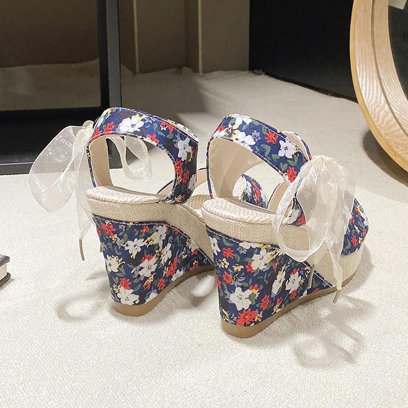 Fashion 2025 Casual Comfortable Sandals Women Dressy Summer Women'S Wedge Fish Mouth Hollow Sandals Flower Bow Print Sandals for Women