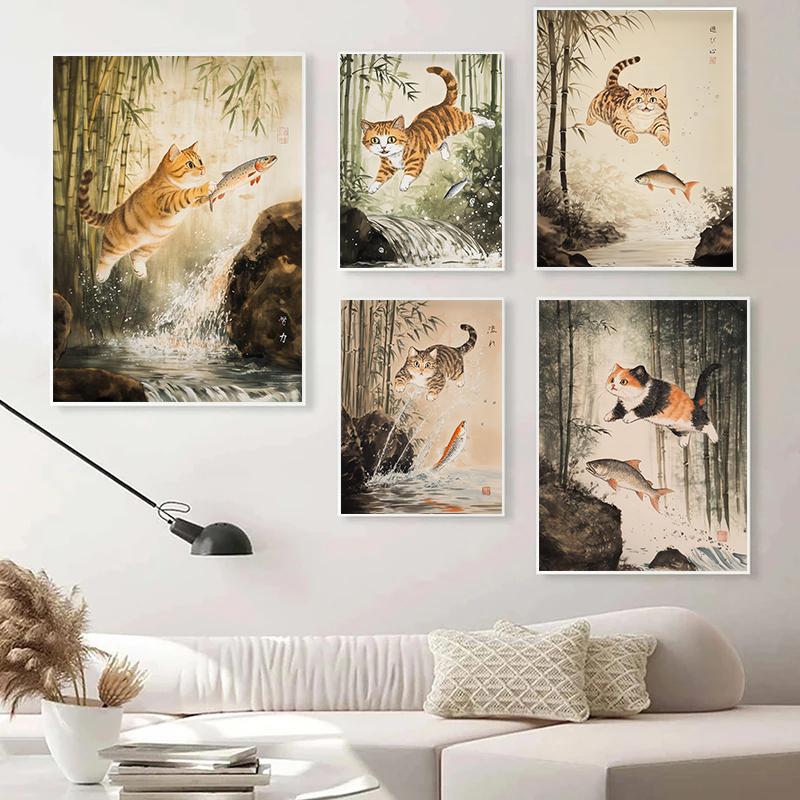 Japanese Sakura Onsen Sushi Animal Cat Portrait Retro Posters Prints Canvas Painting Wall Art Picture Living Room Home Decor