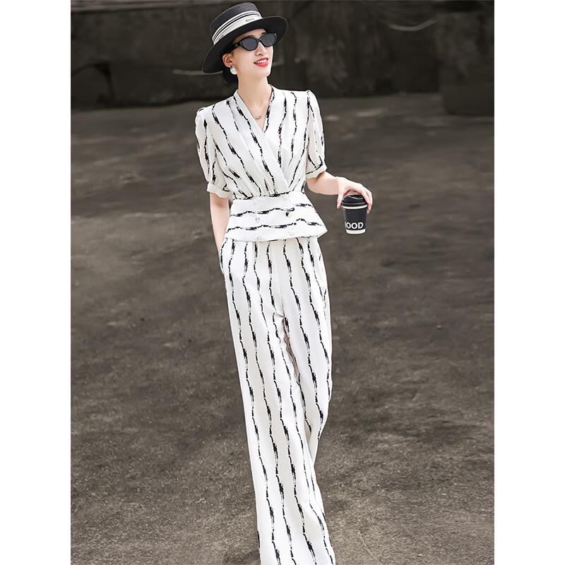 Chic Striped V-Neck Short Sleeve Top & Wide-Leg Pants Set M