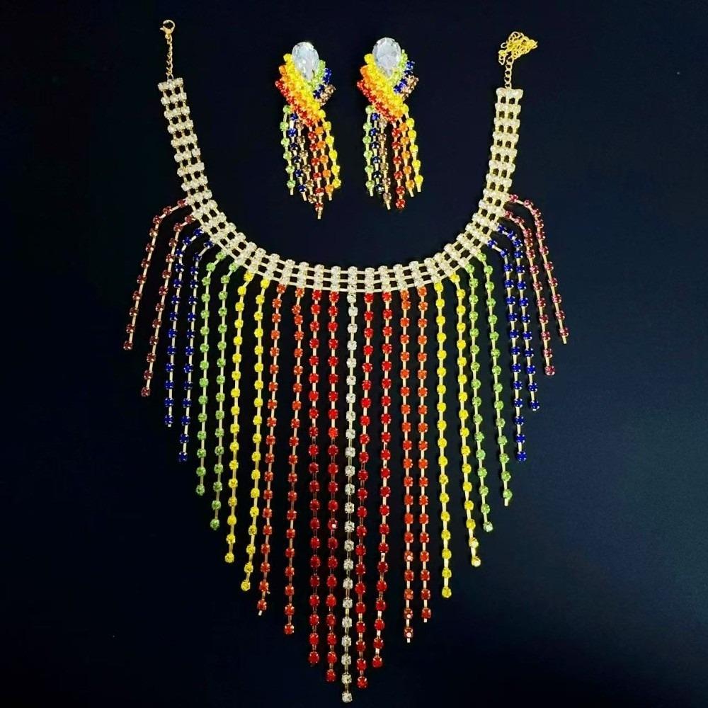 Vintage Rhinestone Crystal Necklace Shiny Ear Studs Luxury Rainbow Tassel Jewelry Set  Girls