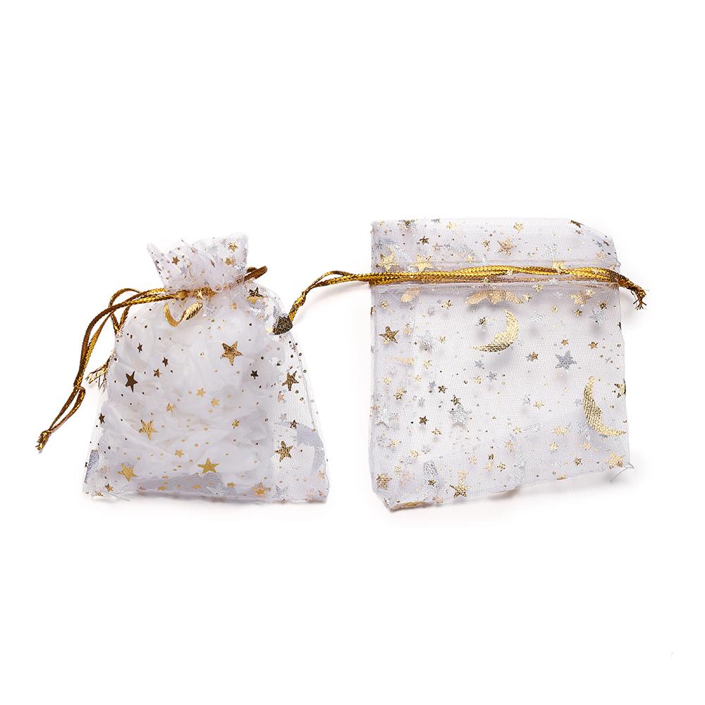 50pcs/Lot 7x9 9x12 10x15 13x18cm Printing Star Moon Christmas Organza Sack Drawstring Charm Packaging Bags Daily Jewelry Making