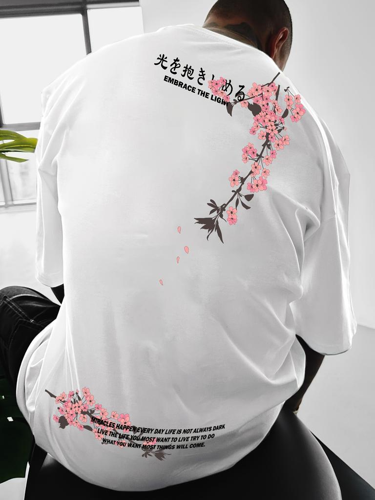Japanese Cherry Blossom Kanji Print 100 Cotton Men Woment Tshirt Summer Autumn Daily Outdoor Sports Casual Street Short Sleeve