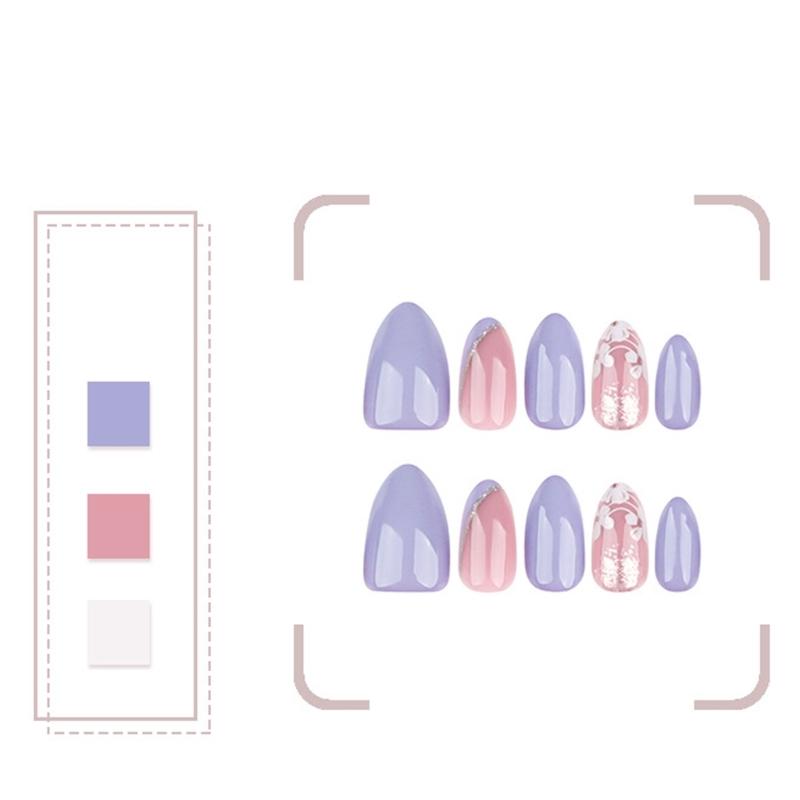 24 Pcs White Flowers Artificial Nail French Tip Press On Nail Almond Shape Stick On Nail Purple False Nail for Party