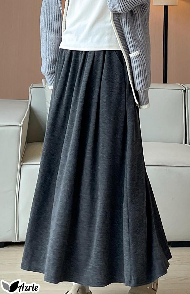 Azulte Warm Maxi Winter Solid Color with Relaxed Cold Weather Daily Size M Women's Fleece-Lined Skirt, Long, Warmth, Pockets, Wear, Commuting,